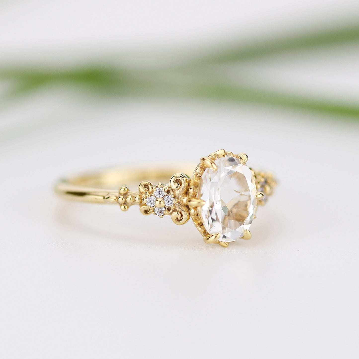 white topaz and diamond ring, vintage style engagement rings diamond unique - NOOI JEWELRY