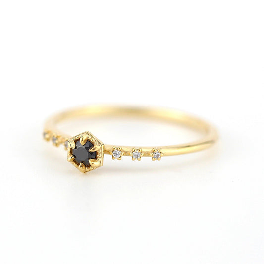 Dainty diamond ring black and white diamonds, Hexagonal engagement ring, minimal ring, minimalist ring - NOOI JEWELRY