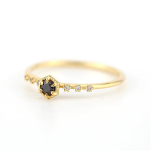 Dainty diamond ring black and white diamonds, Hexagonal engagement ring, minimal ring, minimalist ring - NOOI JEWELRY