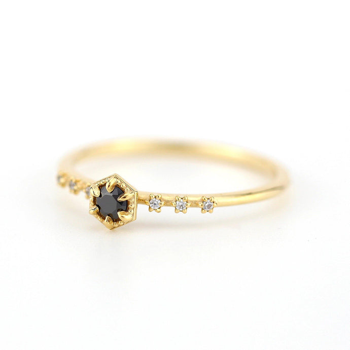 Dainty diamond ring black and white diamonds, Hexagonal engagement ring, minimal ring, minimalist ring - NOOI JEWELRY