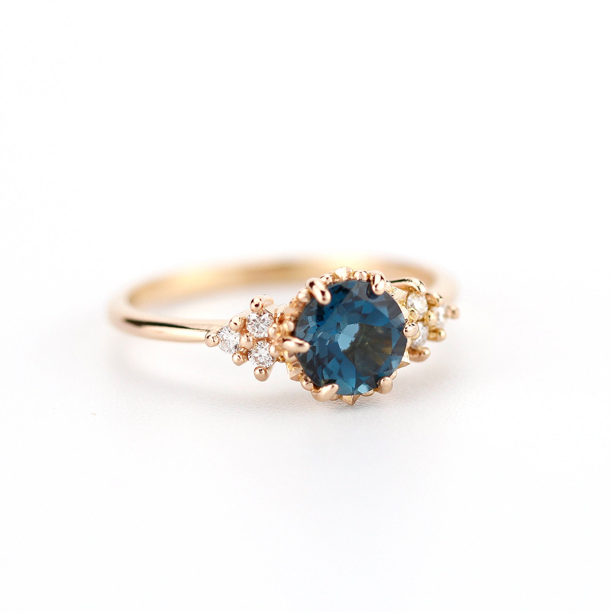 London blue topaz and diamond engagement ring rose gold, classic round engagement ring - NOOI JEWELRY