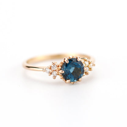 London blue topaz and diamond engagement ring rose gold, classic round engagement ring - NOOI JEWELRY