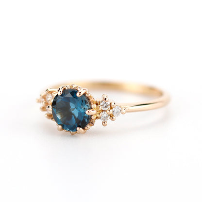 London blue topaz and diamond engagement ring rose gold, classic round engagement ring - NOOI JEWELRY