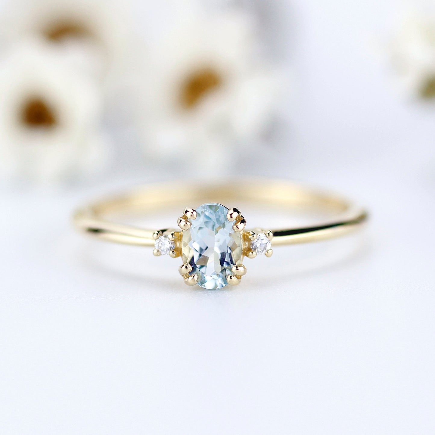 oval aquamarine and diamonds engagement ring, 18k yellow gold - NOOI JEWELRY