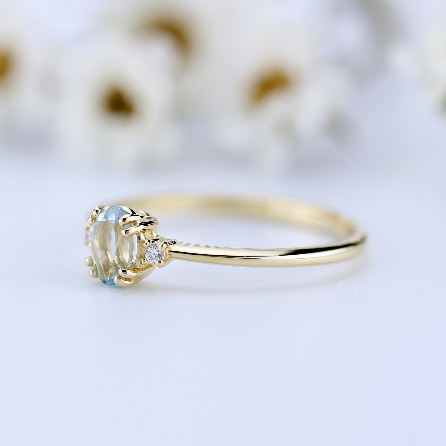 oval aquamarine and diamonds engagement ring, 18k yellow gold - NOOI JEWELRY