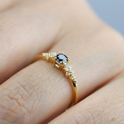 engagement ring black diamond, black diamond ring, simple diamond ring, Cluster ring black diamond - NOOI JEWELRY