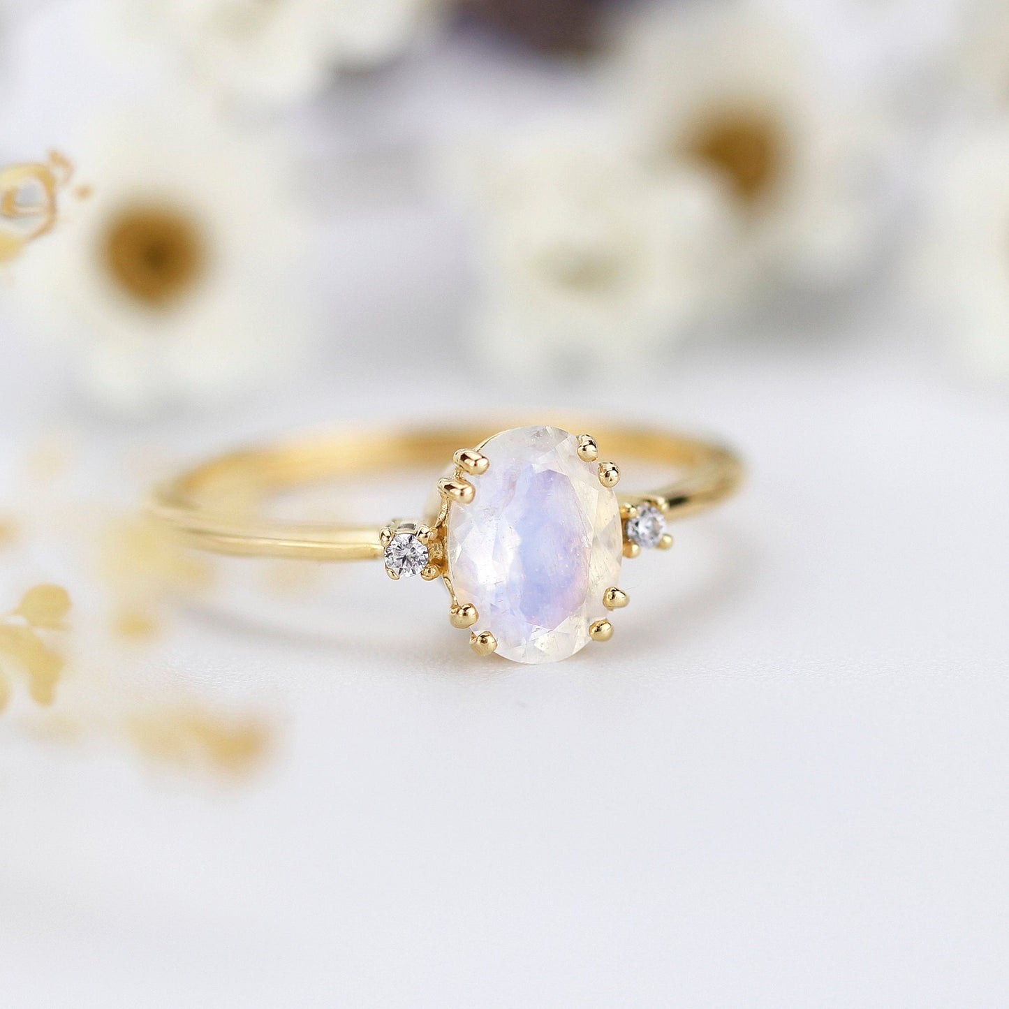 Moonstone Engagement Ring, Oval Engagement Ring, Simple ring, Delicate Ring, ClusEngagement ring Moonstone and diamonds ring - NOOI JEWELRY