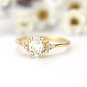 Oval engagement ring white topaz and diamonds, minimalist ring 18k gold - NOOI JEWELRY