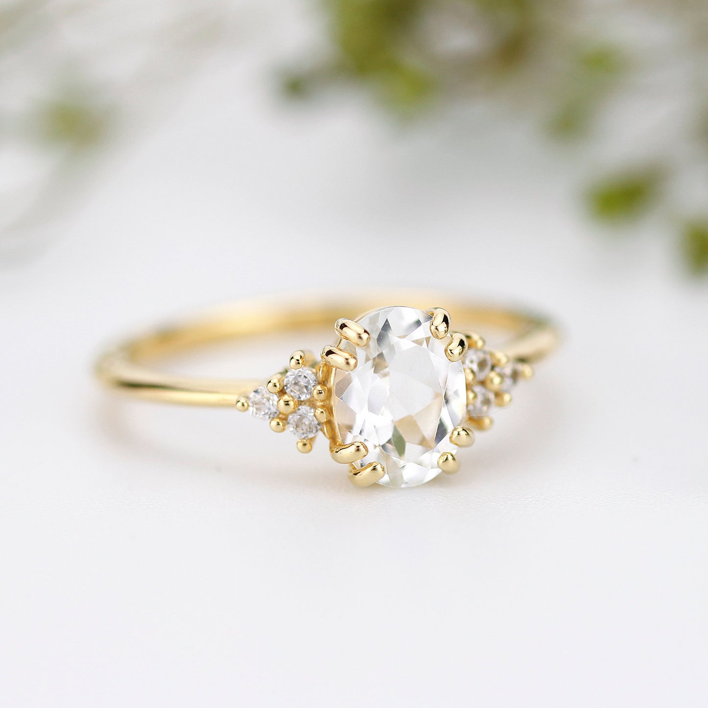Oval engagement ring white topaz and diamonds, minimalist ring 18k gold - NOOI JEWELRY