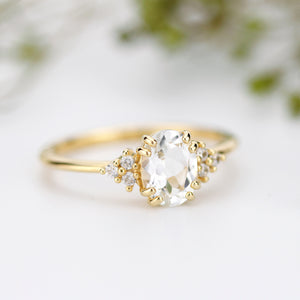 Oval engagement ring white topaz and diamonds, minimalist ring 18k gold - NOOI JEWELRY