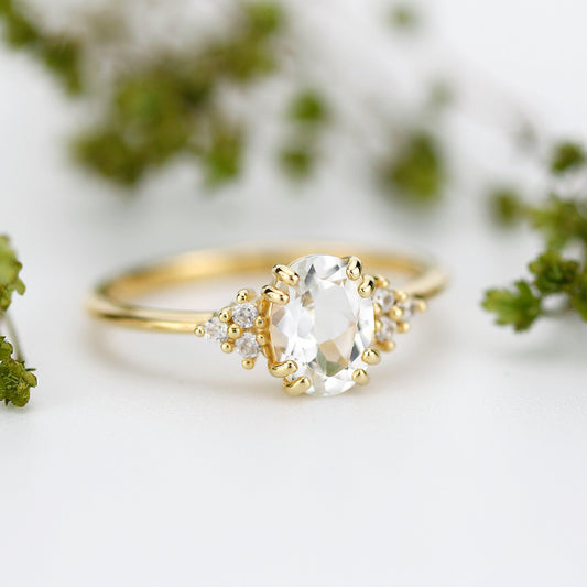 Oval engagement ring white topaz and diamonds, minimalist ring 18k gold - NOOI JEWELRY
