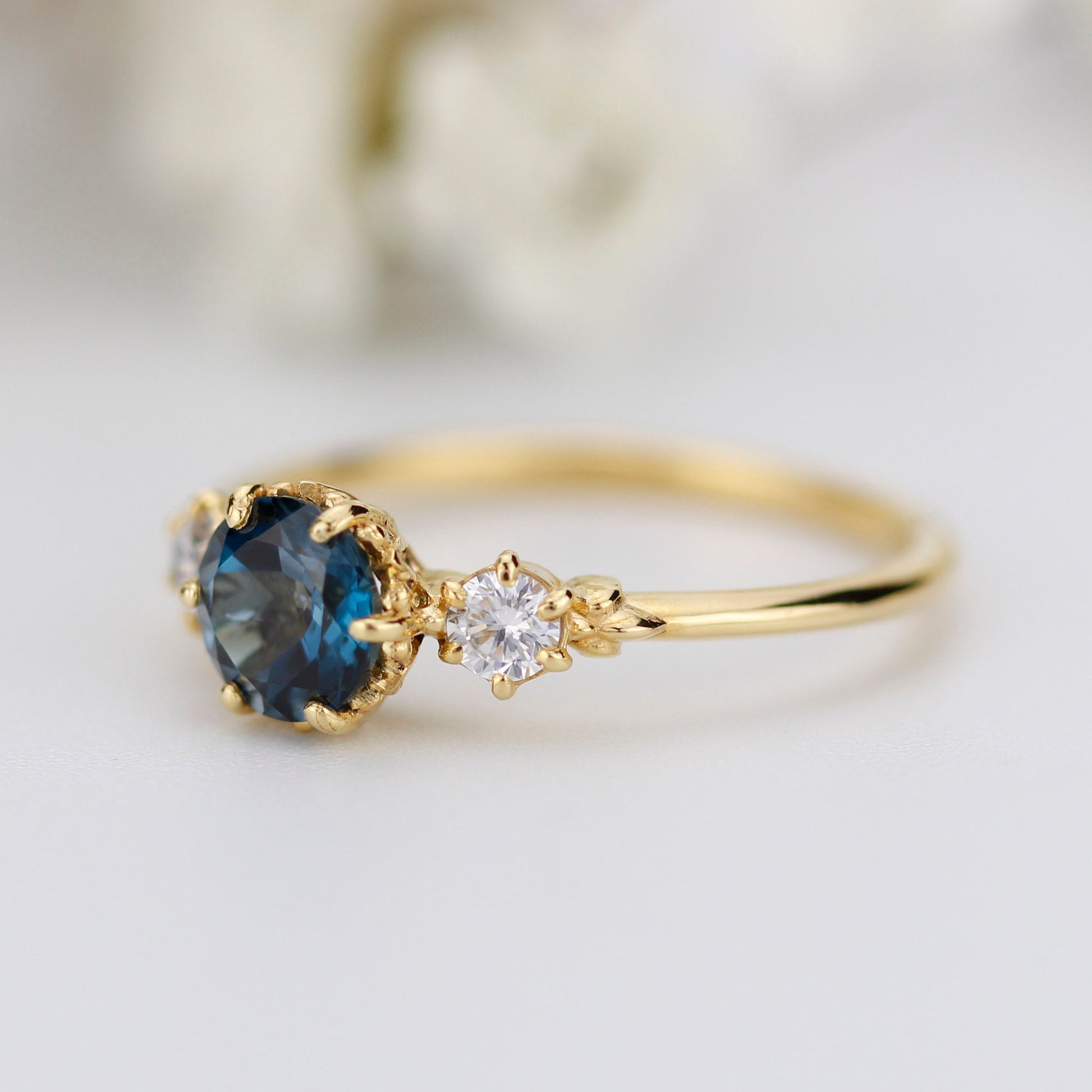 Unique three stone ring London blue topaz and diamonds engagement ring - NOOI JEWELRY