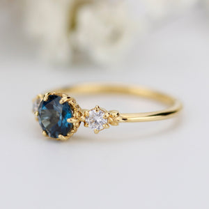 Unique three stone ring London blue topaz and diamonds engagement ring - NOOI JEWELRY