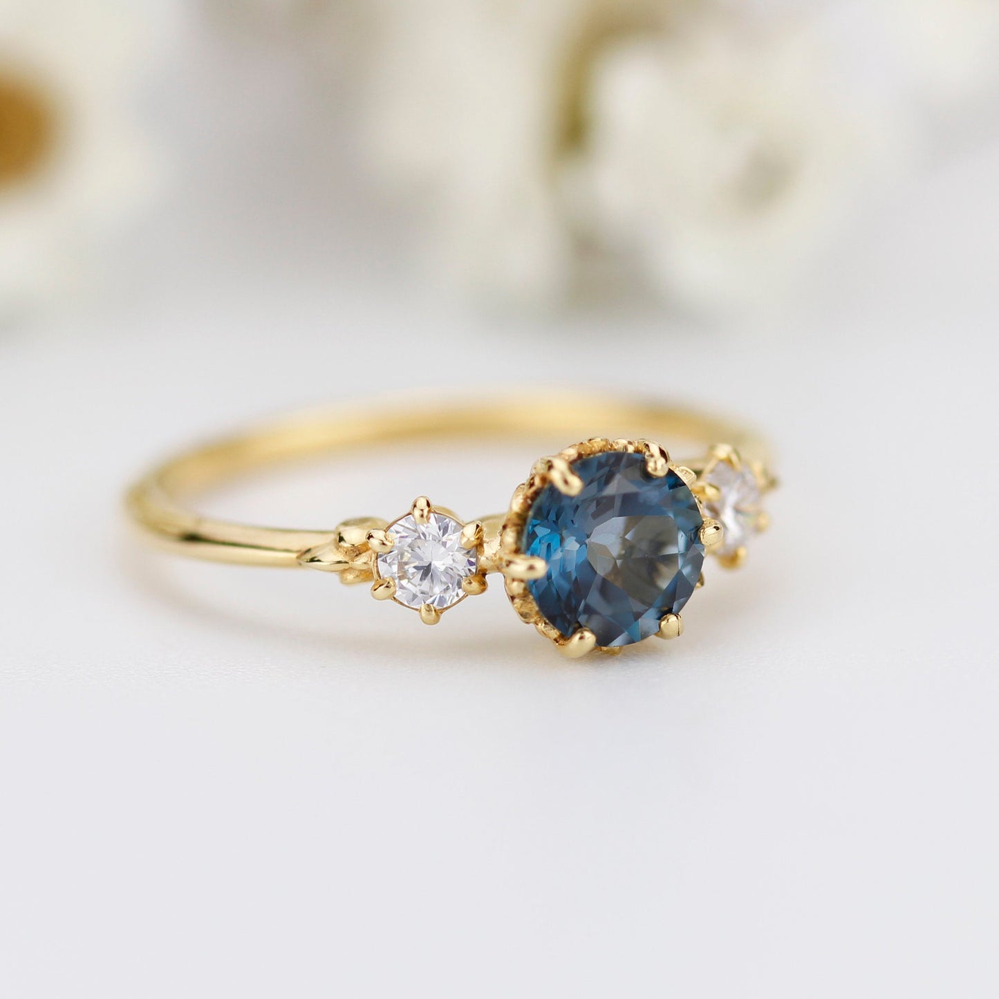 Unique three stone ring London blue topaz and diamonds engagement ring - NOOI JEWELRY