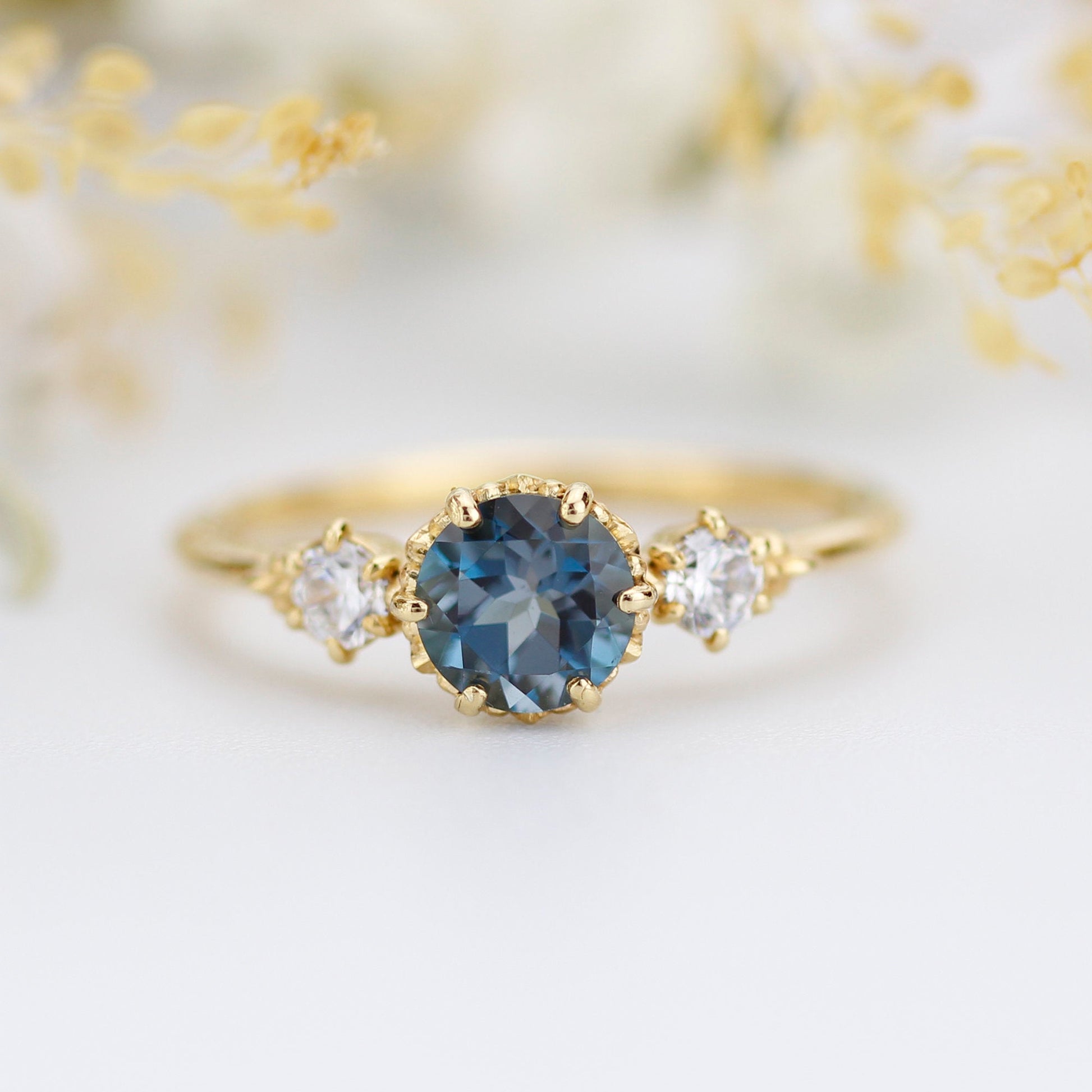 Unique three stone ring London blue topaz and diamonds engagement ring - NOOI JEWELRY