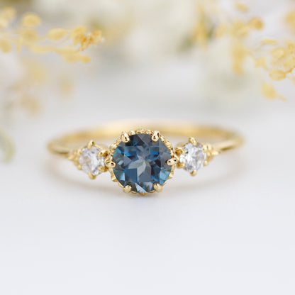 Unique three stone ring London blue topaz and diamonds engagement ring - NOOI JEWELRY