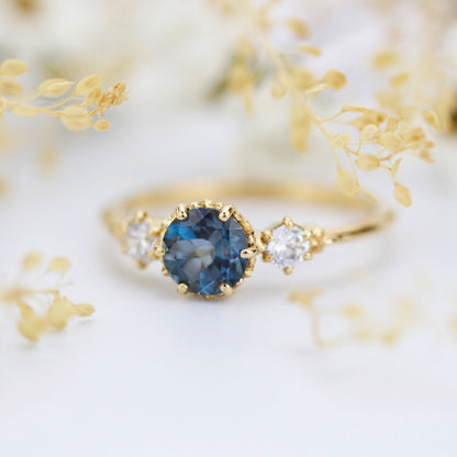 Unique three stone ring London blue topaz and diamonds engagement ring - NOOI JEWELRY