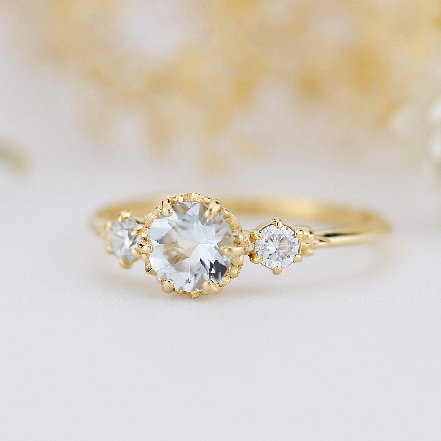 aquamarine three stone engagement ring, petal setting aquamarine ring - NOOI JEWELRY