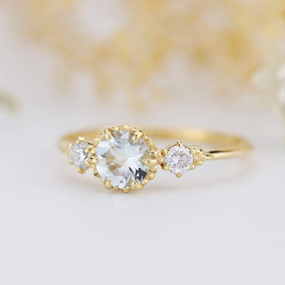 aquamarine three stone engagement ring, petal setting aquamarine ring - NOOI JEWELRY