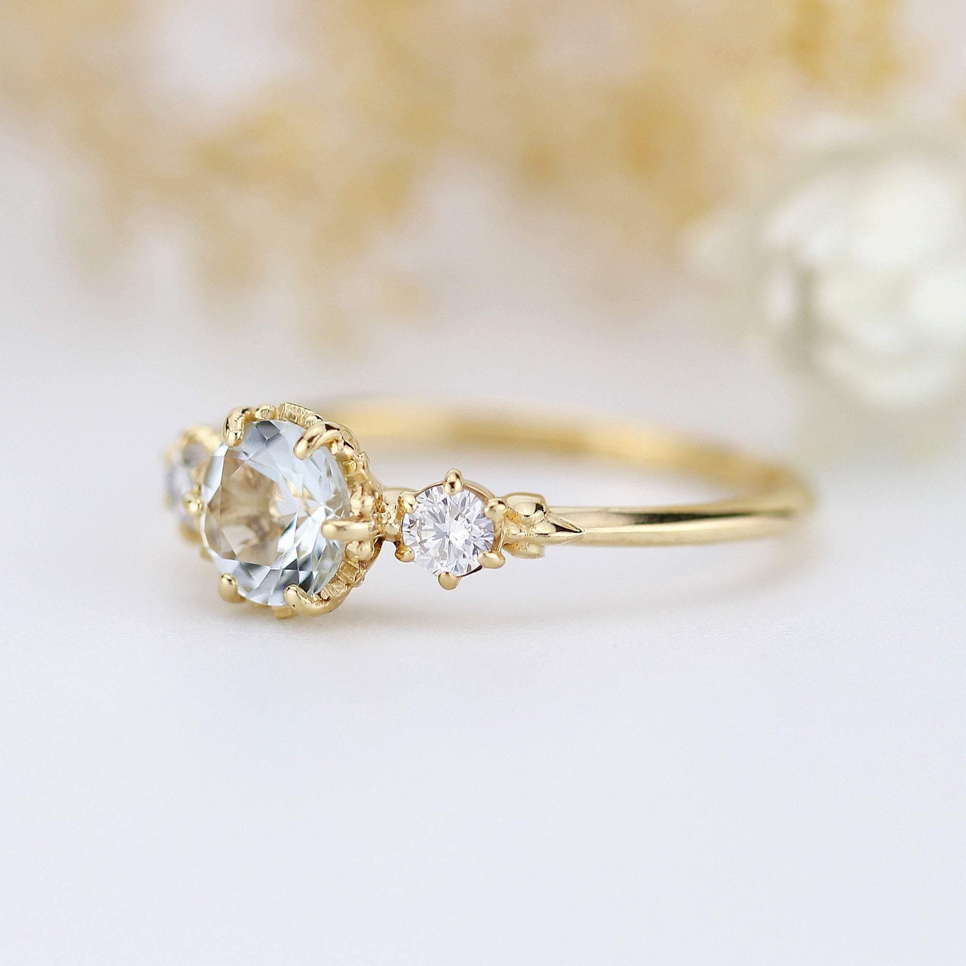 aquamarine three stone engagement ring, petal setting aquamarine ring - NOOI JEWELRY