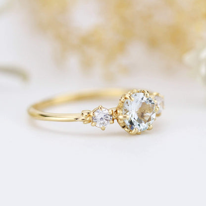 aquamarine three stone engagement ring, petal setting aquamarine ring - NOOI JEWELRY