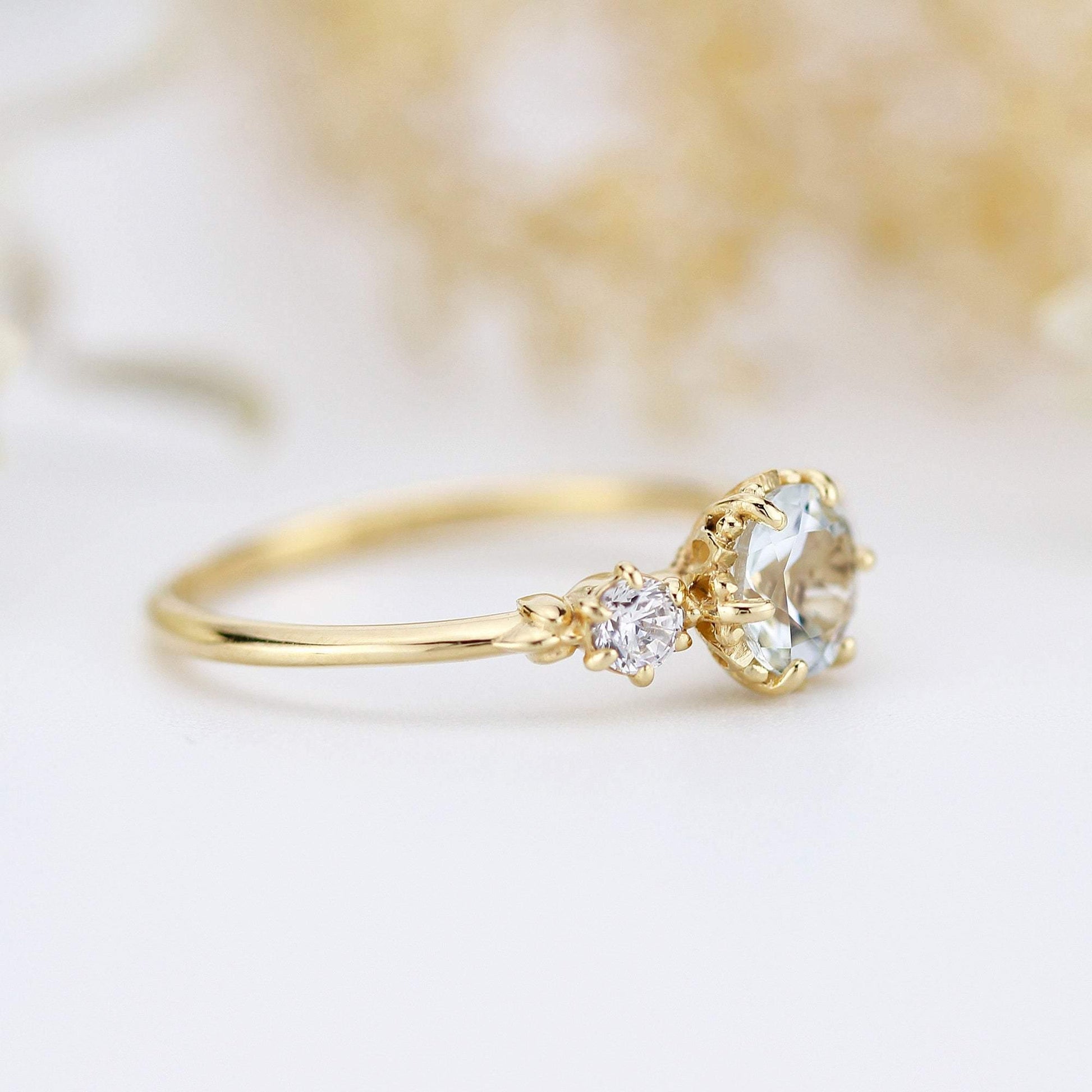 aquamarine three stone engagement ring, petal setting aquamarine ring - NOOI JEWELRY