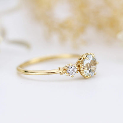 aquamarine three stone engagement ring, petal setting aquamarine ring - NOOI JEWELRY