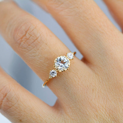 aquamarine three stone engagement ring, petal setting aquamarine ring - NOOI JEWELRY