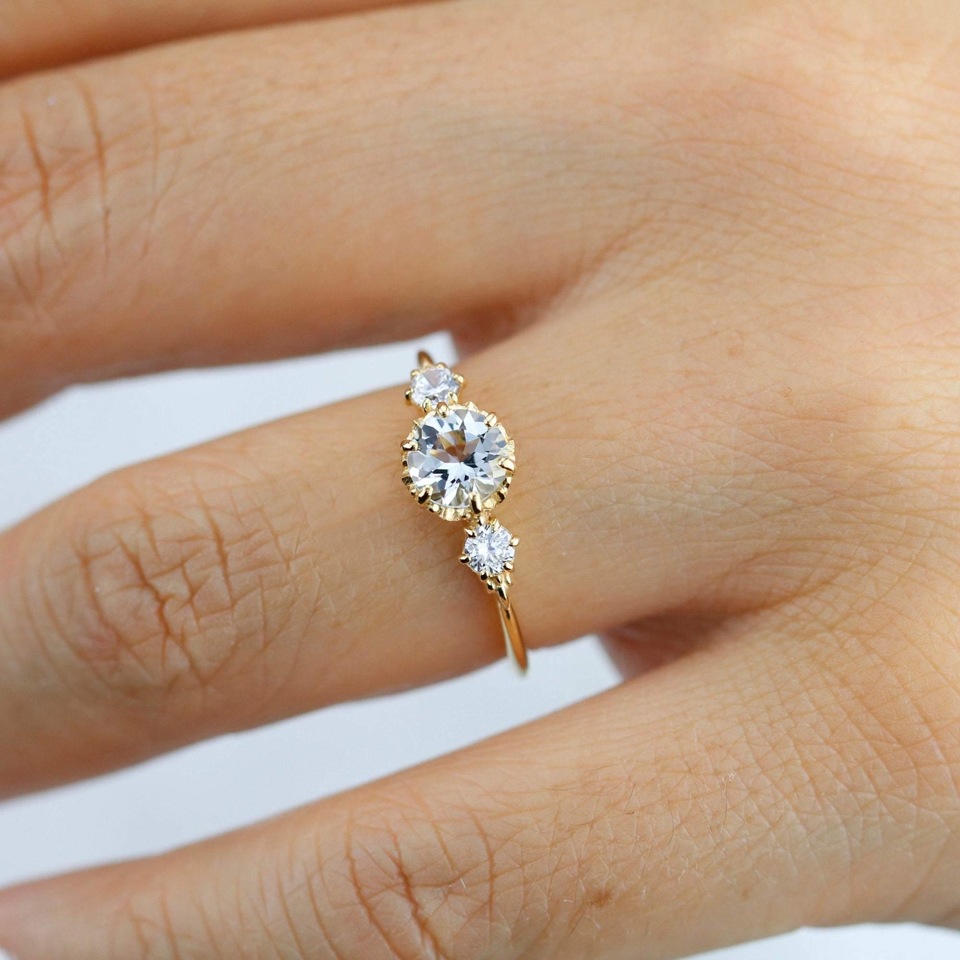 aquamarine three stone engagement ring, petal setting aquamarine ring - NOOI JEWELRY