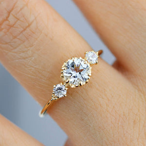 aquamarine three stone engagement ring, petal setting aquamarine ring - NOOI JEWELRY