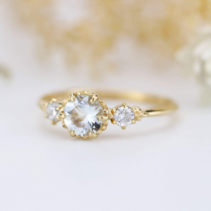 aquamarine three stone engagement ring, petal setting aquamarine ring - NOOI JEWELRY