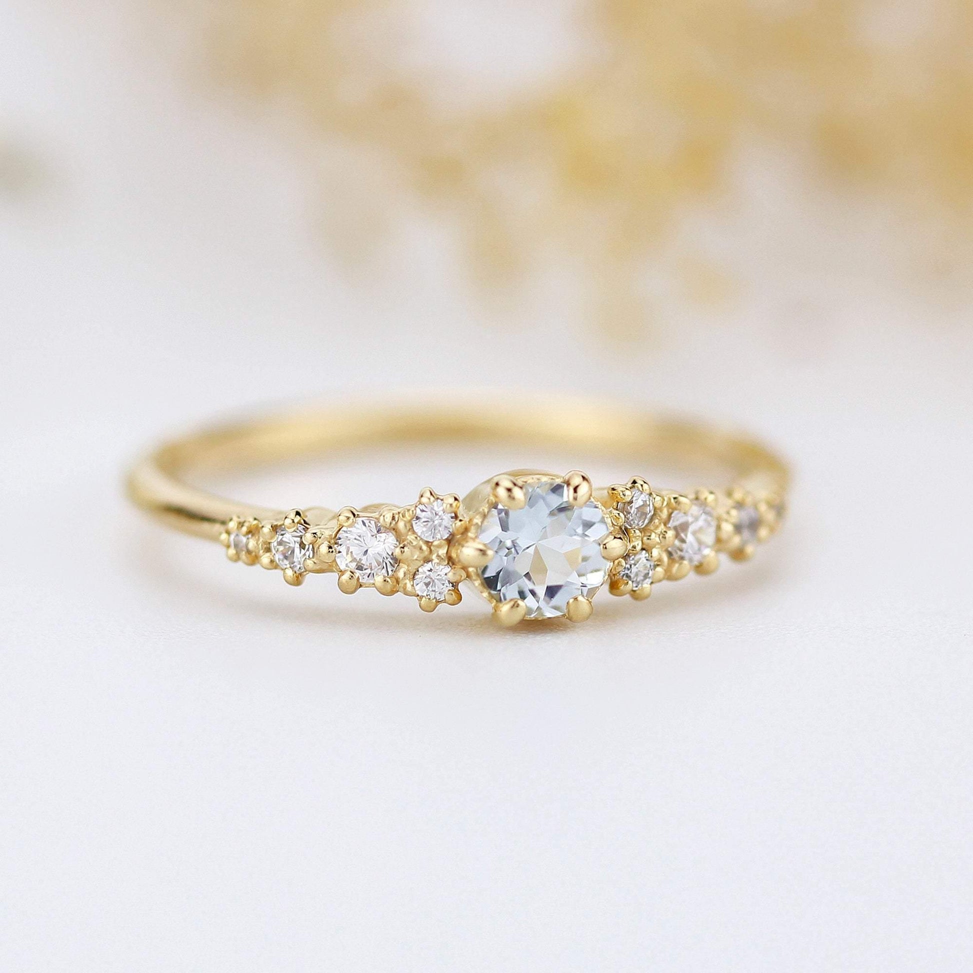 aquamarine and diamond cluster ring, 18K yellow gold ring aquamarine - NOOI JEWELRY