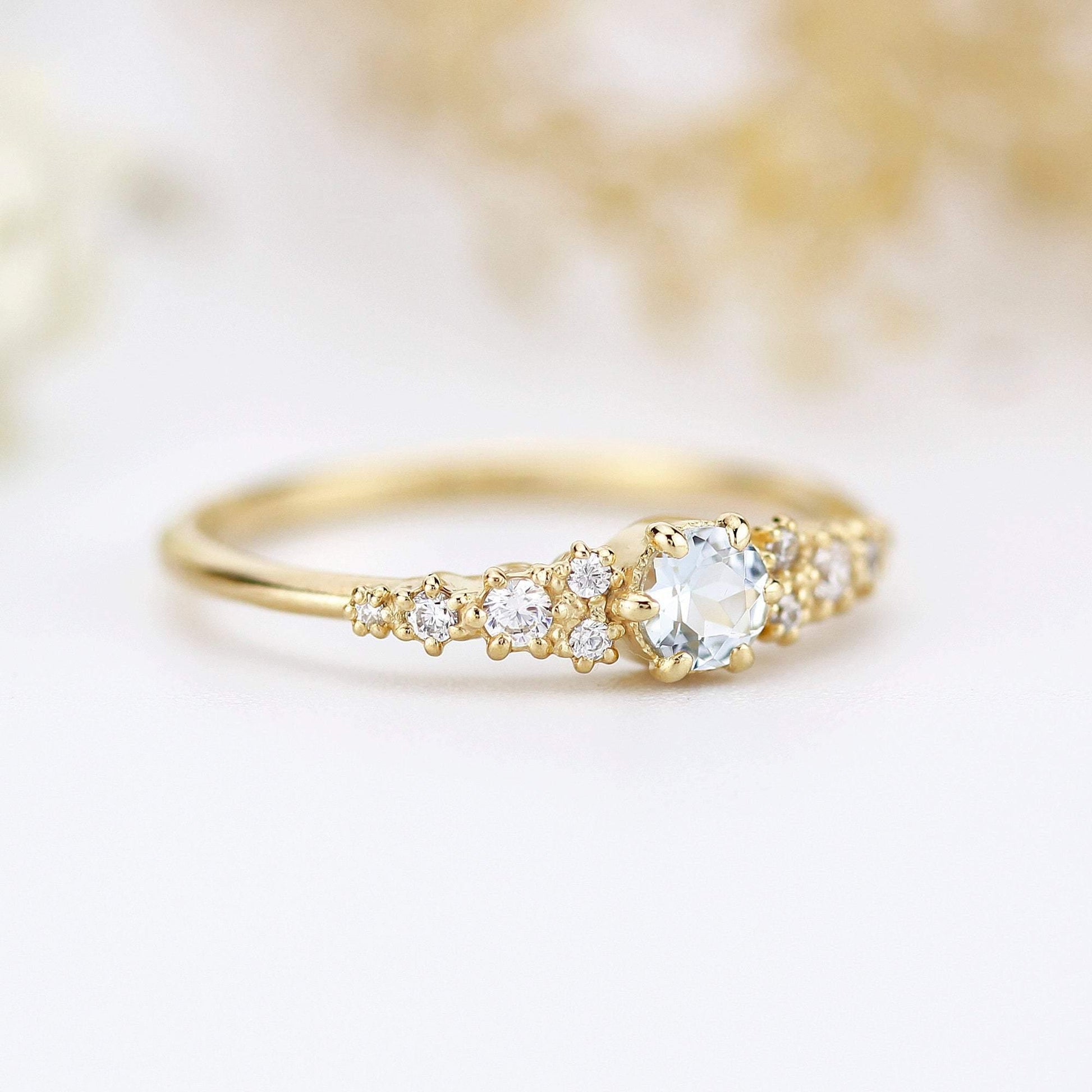 aquamarine and diamond cluster ring, 18K yellow gold ring aquamarine - NOOI JEWELRY