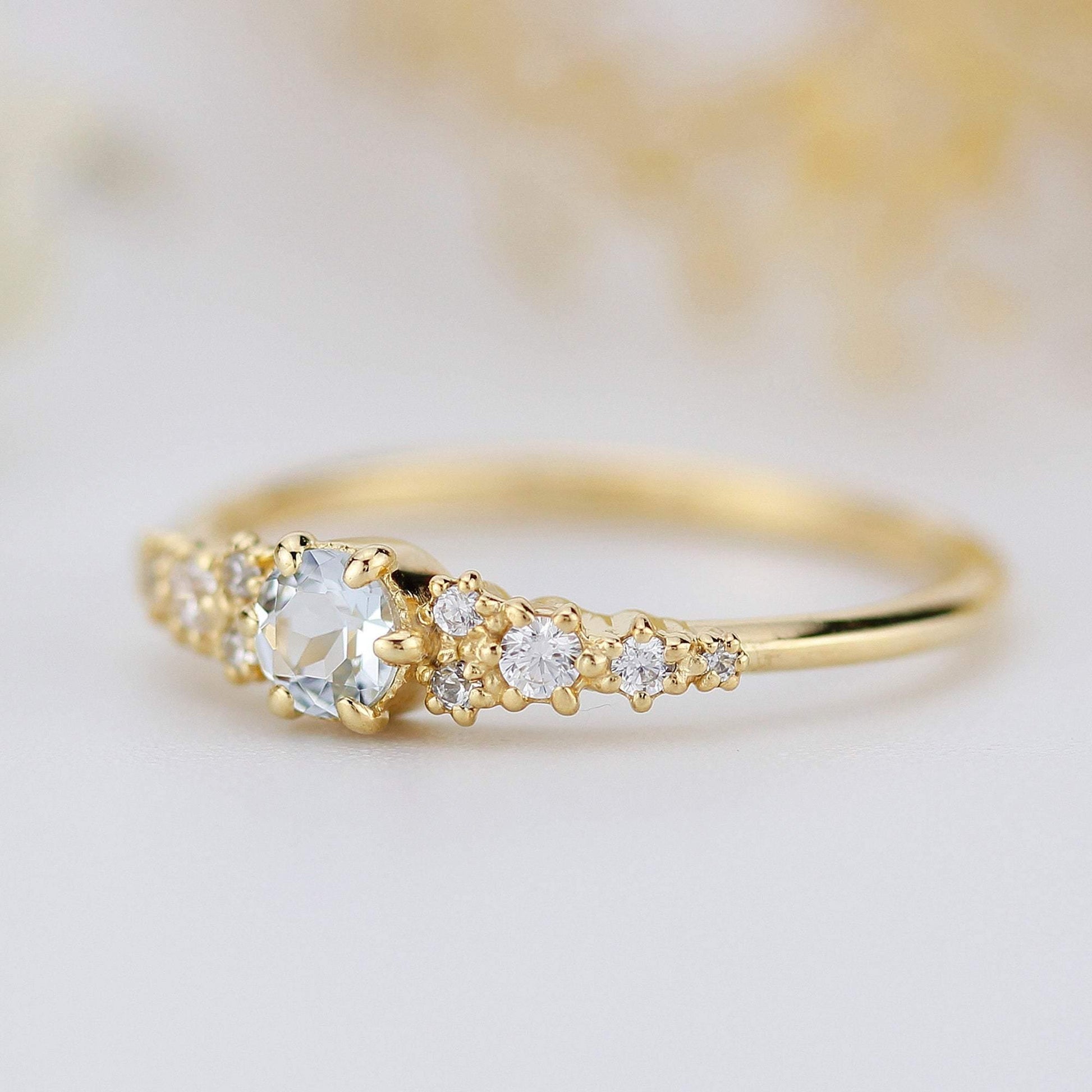 aquamarine and diamond cluster ring, 18K yellow gold ring aquamarine - NOOI JEWELRY