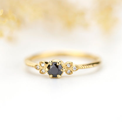 engagement ring black diamond, diamond engagement ring,  art deco engagement ring, dainty ring, vintage diamond engagement ring - NOOI JEWELRY