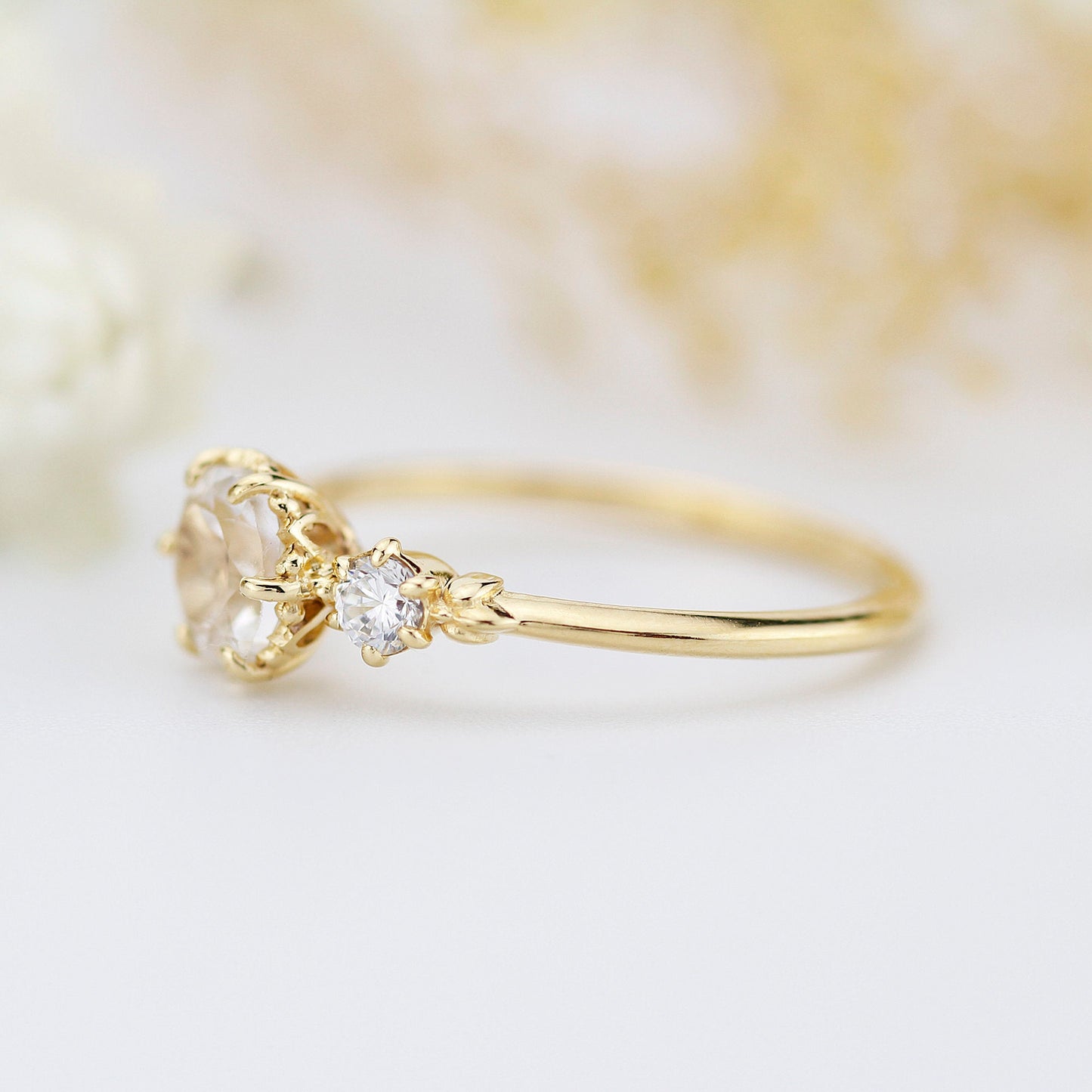 Simple three stone engagement ring natural white topaz and diamonds - NOOI JEWELRY