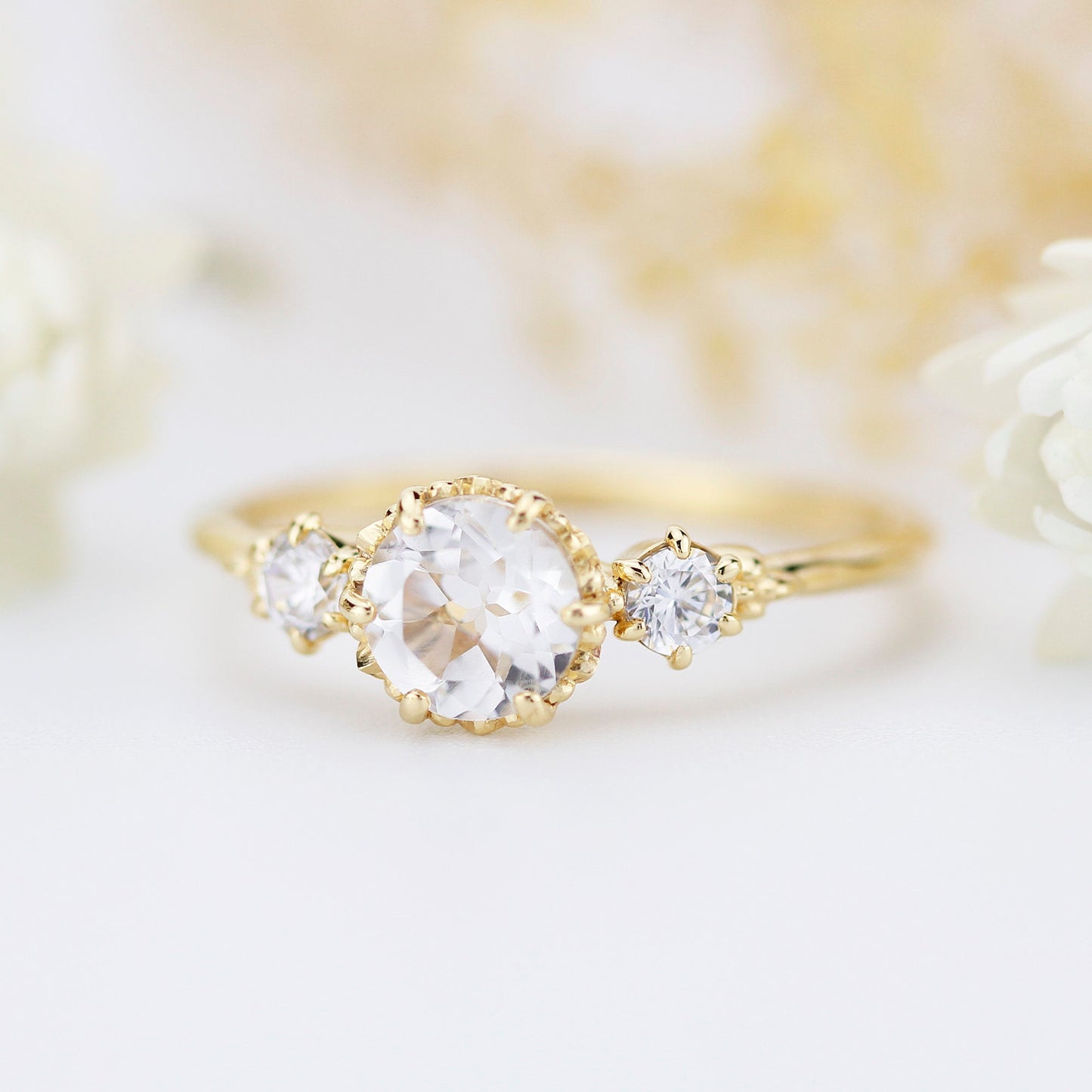 Simple three stone engagement ring natural white topaz and diamonds - NOOI JEWELRY