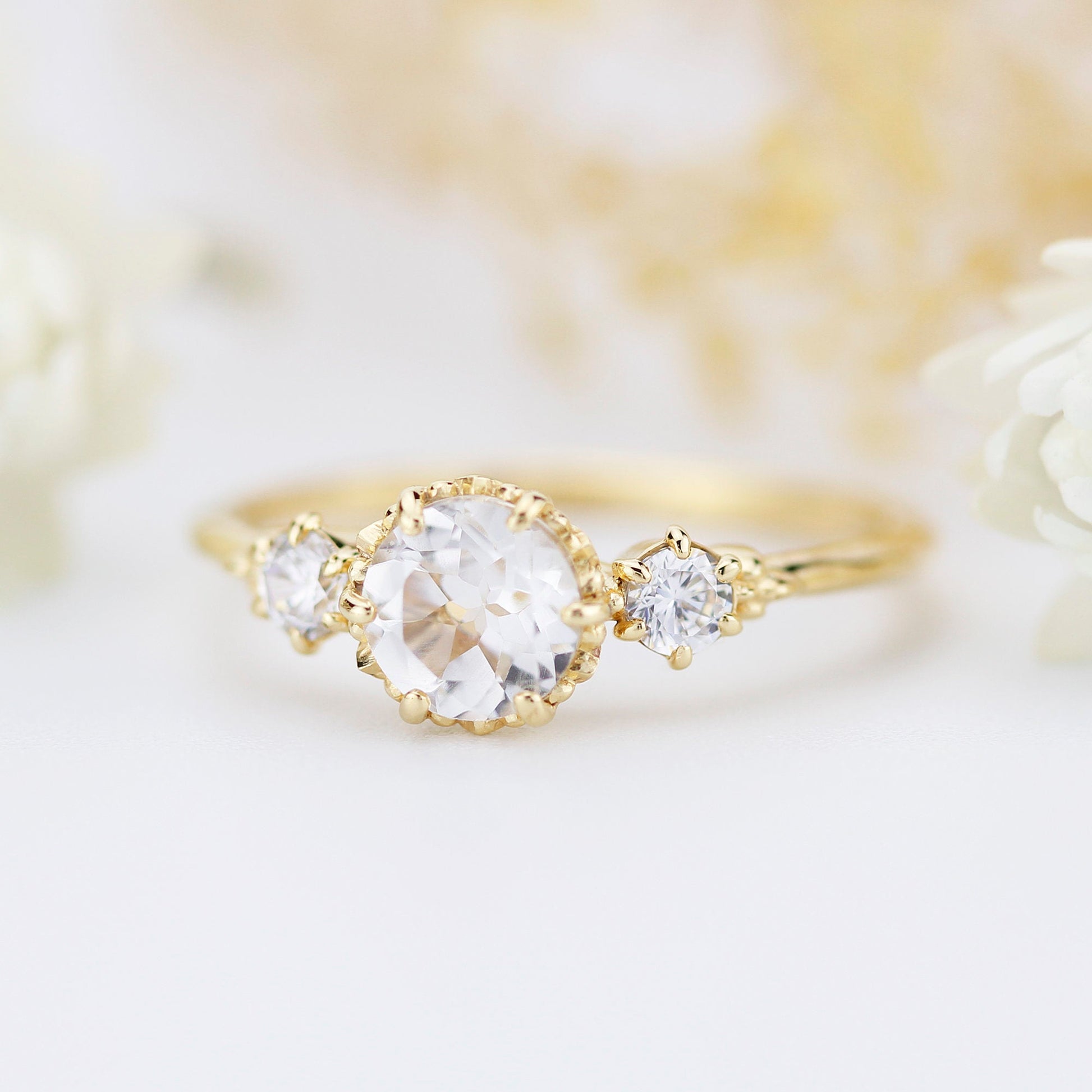 Simple three stone engagement ring natural white topaz and diamonds - NOOI JEWELRY