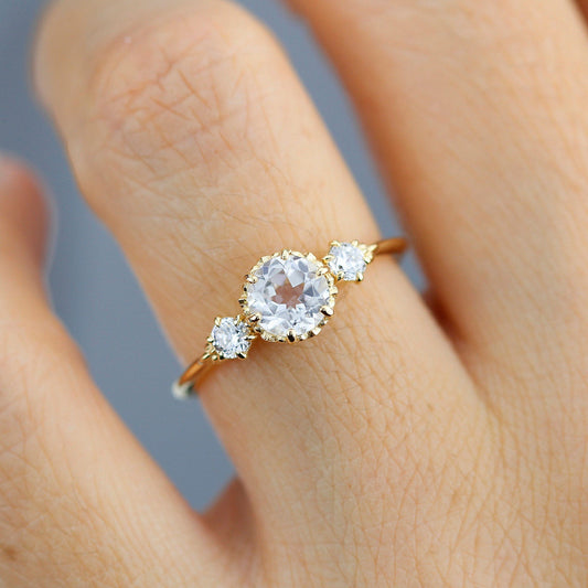 Simple three stone engagement ring natural white topaz and diamonds - NOOI JEWELRY