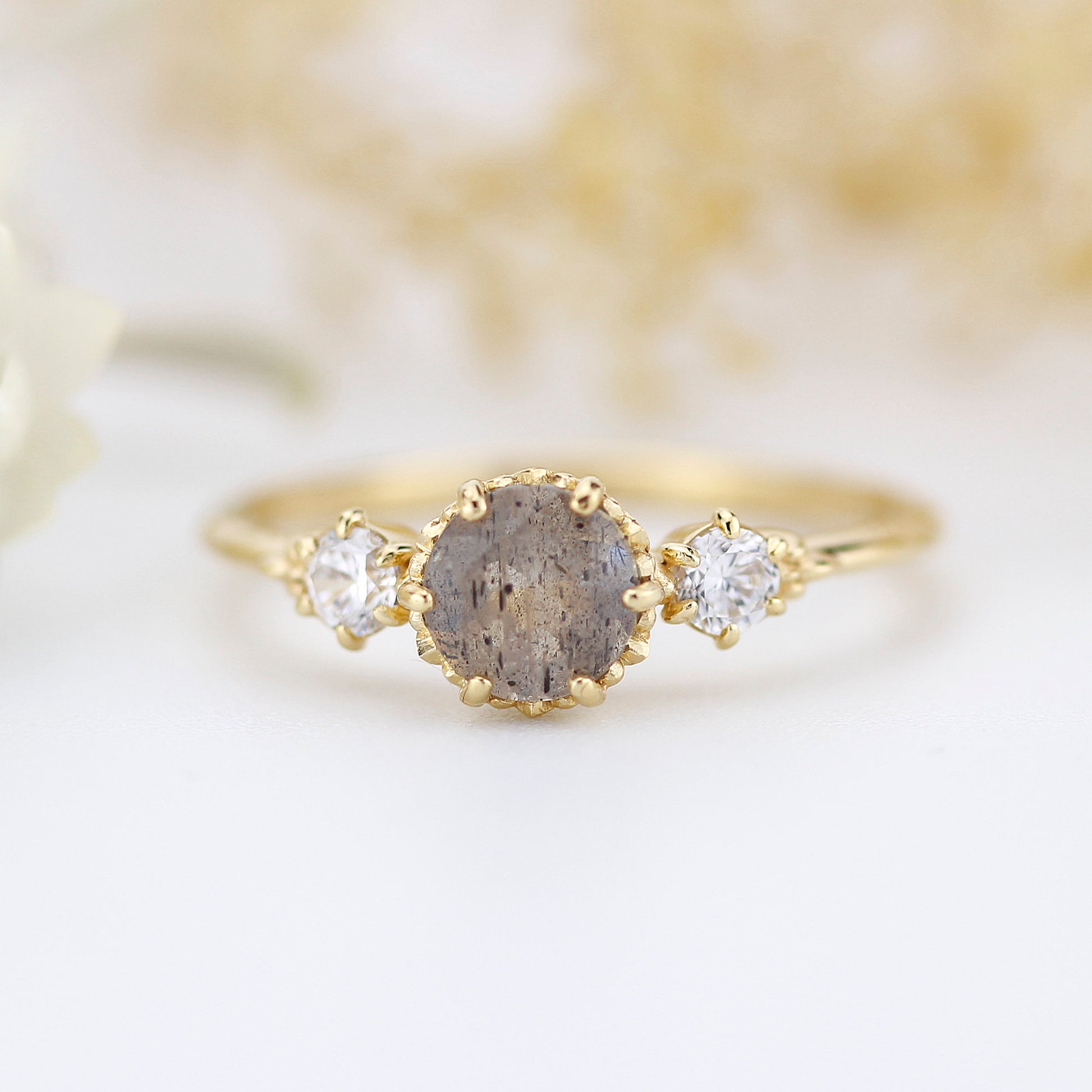 Three stone engagement ring Labradorite and diamond cluster ring 18k yellow gold - NOOI JEWELRY