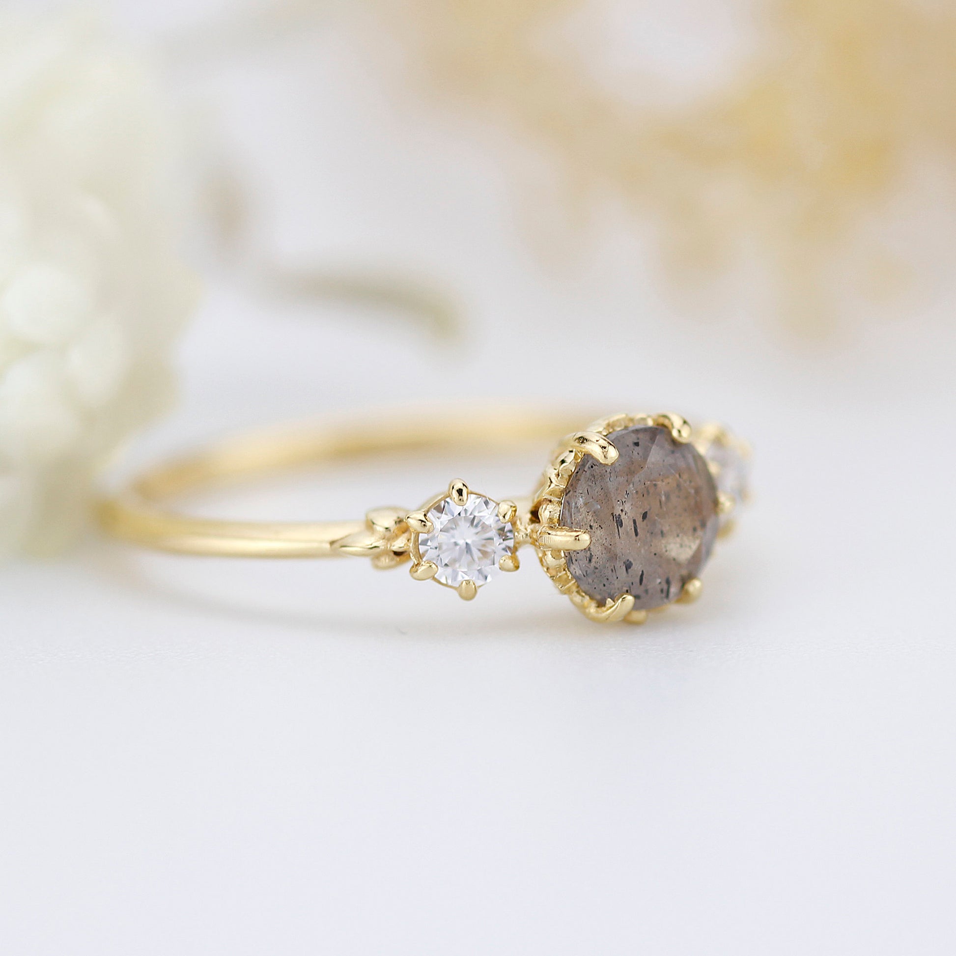 Three stone engagement ring Labradorite and diamond cluster ring 18k yellow gold - NOOI JEWELRY