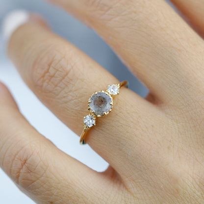 Three stone engagement ring Labradorite and diamond cluster ring 18k yellow gold - NOOI JEWELRY