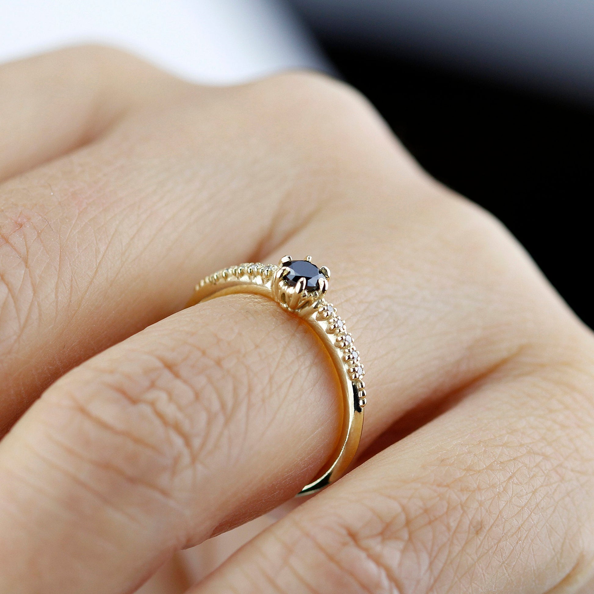 engagement ring diamonds, art deco engagement ring, black diamond engagement ring, dainty ring, vintage diamond engagement ring - NOOI JEWELRY