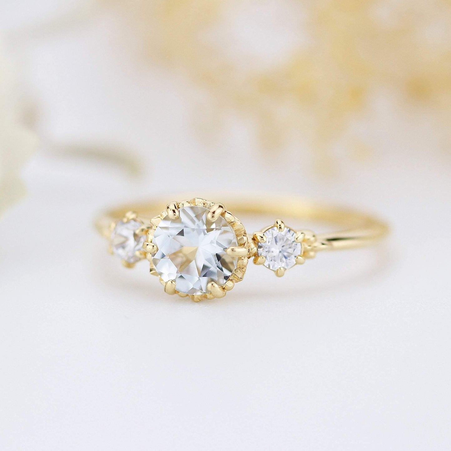 aquamarine three stone engagement ring, petal setting aquamarine ring - NOOI JEWELRY