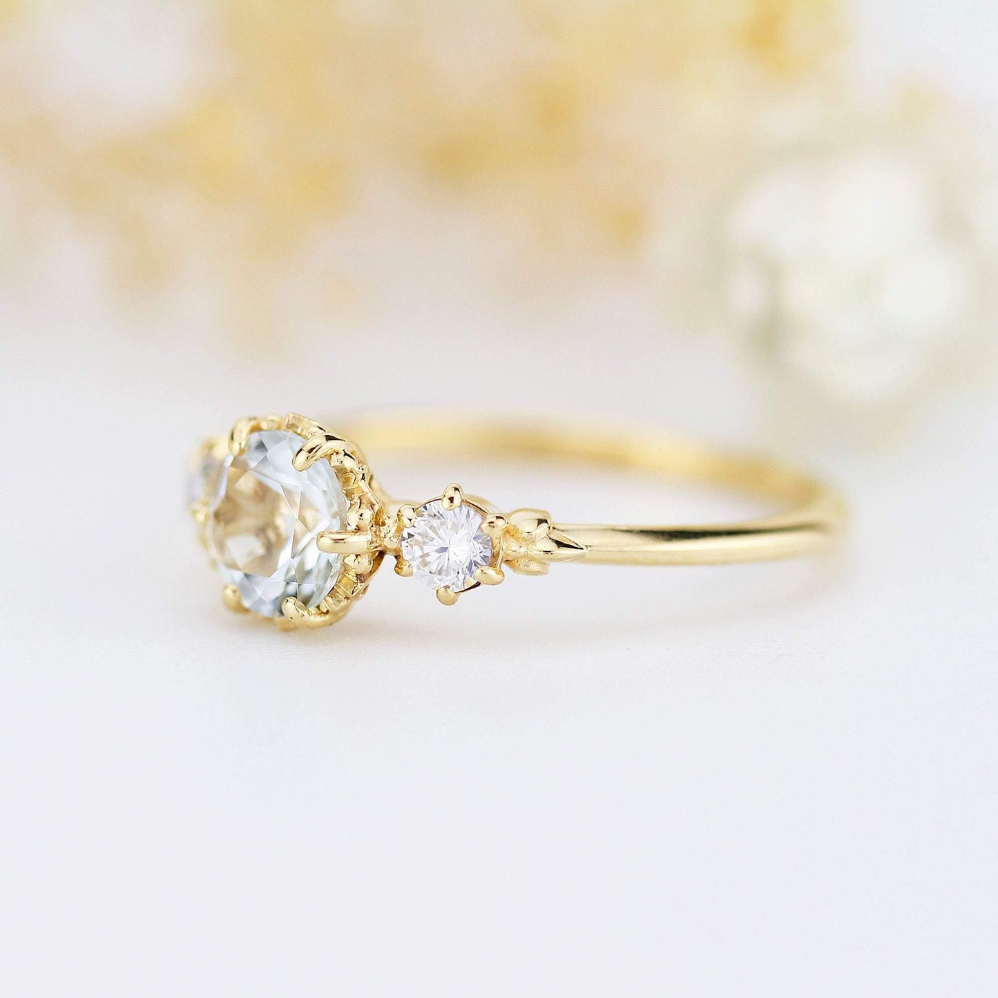 aquamarine three stone engagement ring, petal setting aquamarine ring - NOOI JEWELRY