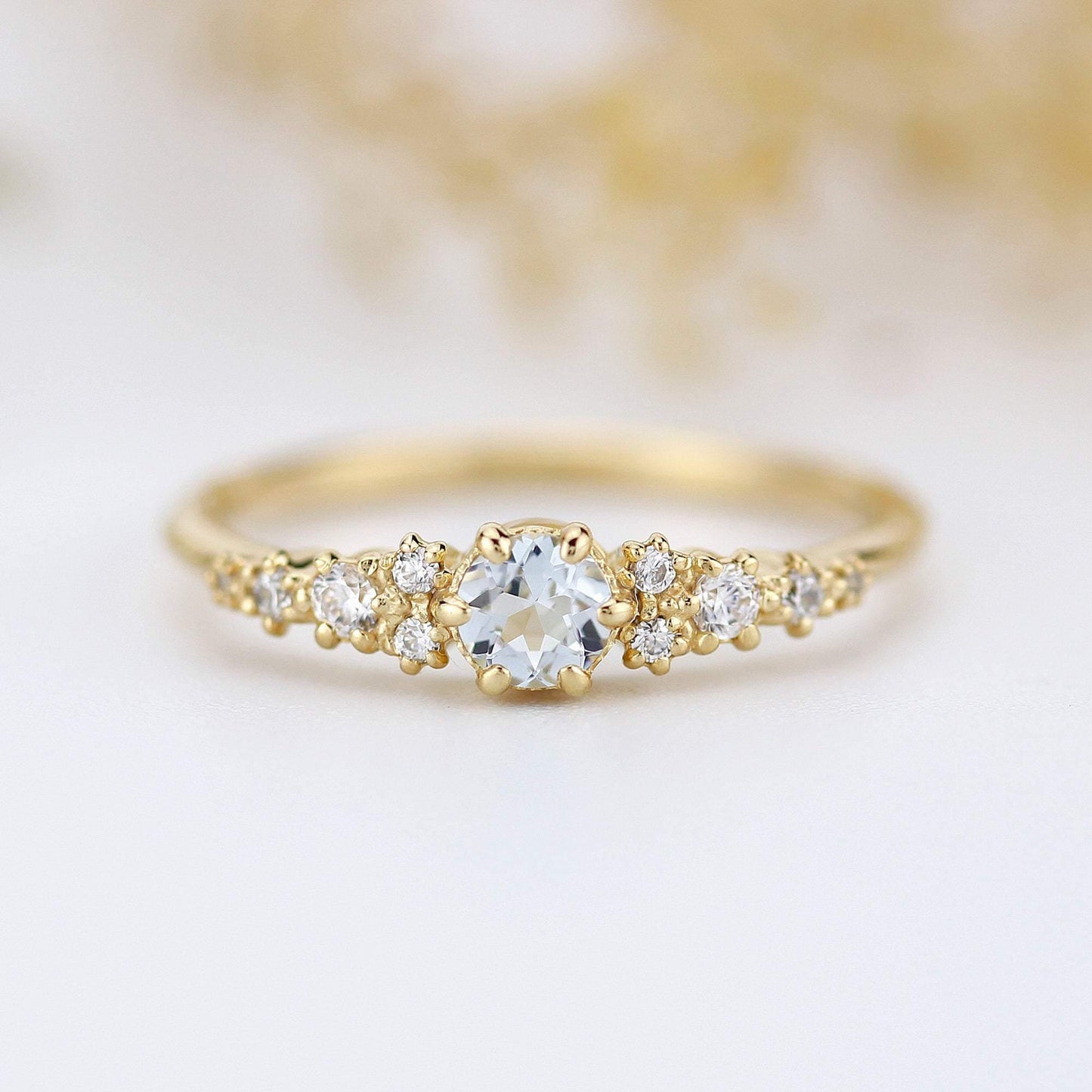 aquamarine and diamond cluster ring, 18K yellow gold ring aquamarine - NOOI JEWELRY