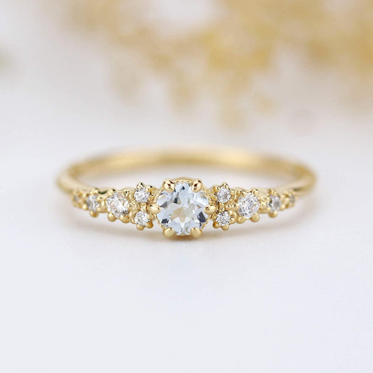 aquamarine and diamond cluster ring, 18K yellow gold ring aquamarine - NOOI JEWELRY