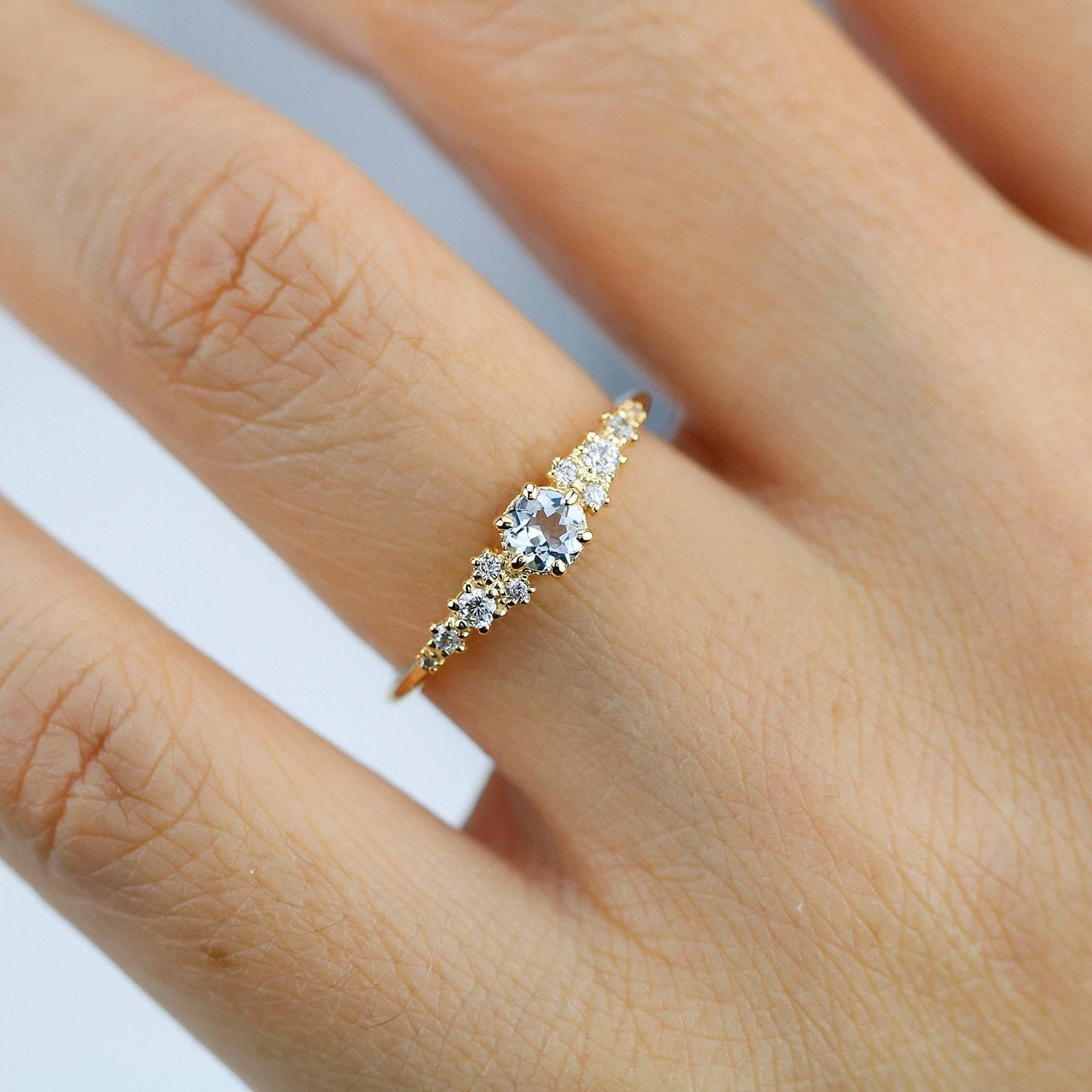 aquamarine and diamond cluster ring, 18K yellow gold ring aquamarine - NOOI JEWELRY