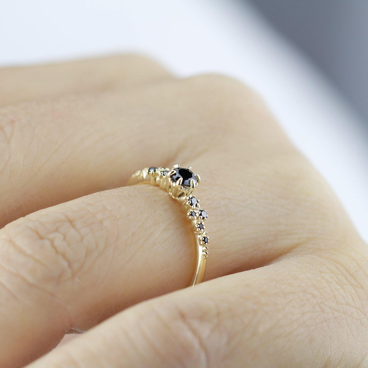 black diamond engagement ring, simple and minimalist engagement rings, vintage style engagement ring - NOOI JEWELRY