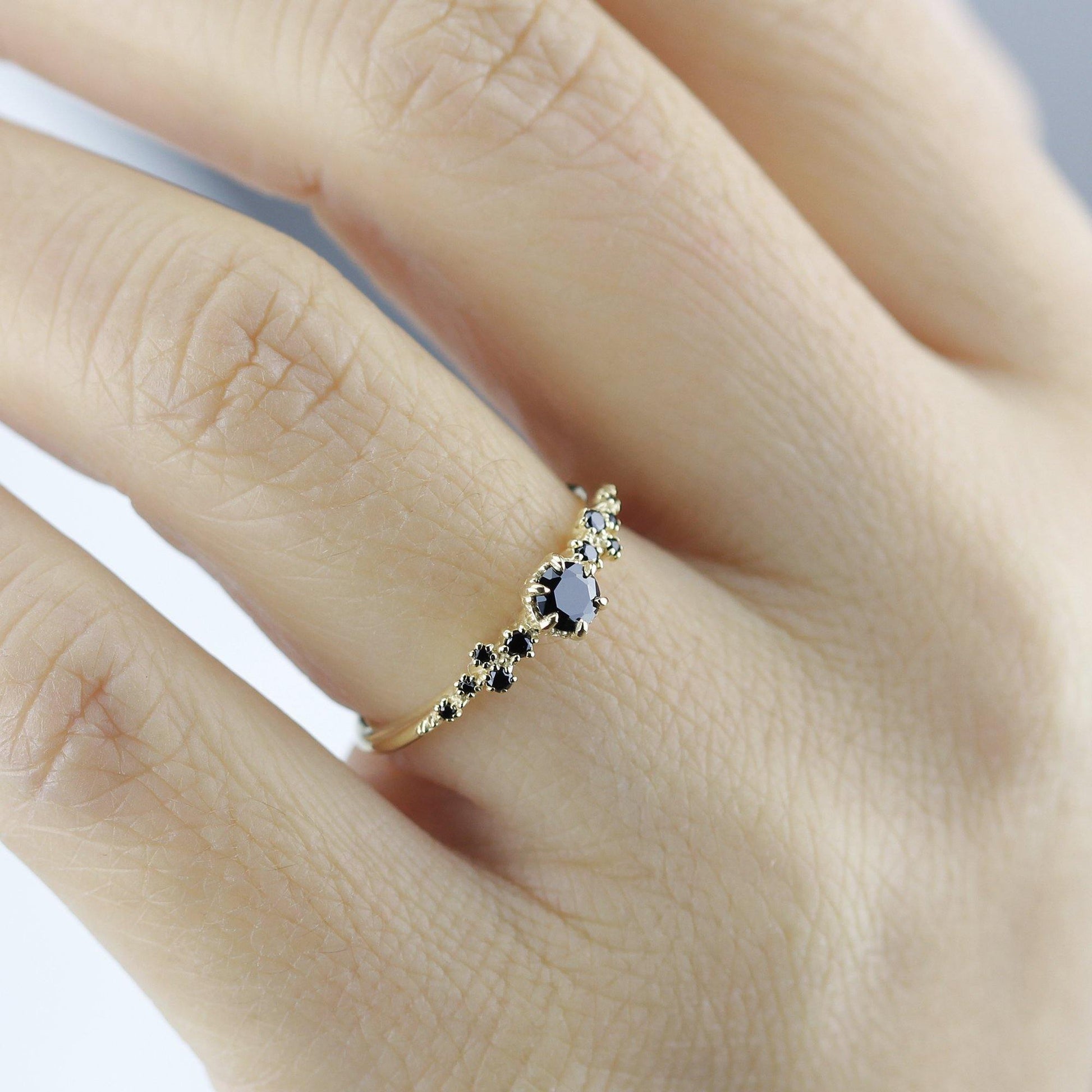 black diamond engagement ring, simple and minimalist engagement rings, vintage style engagement ring - NOOI JEWELRY
